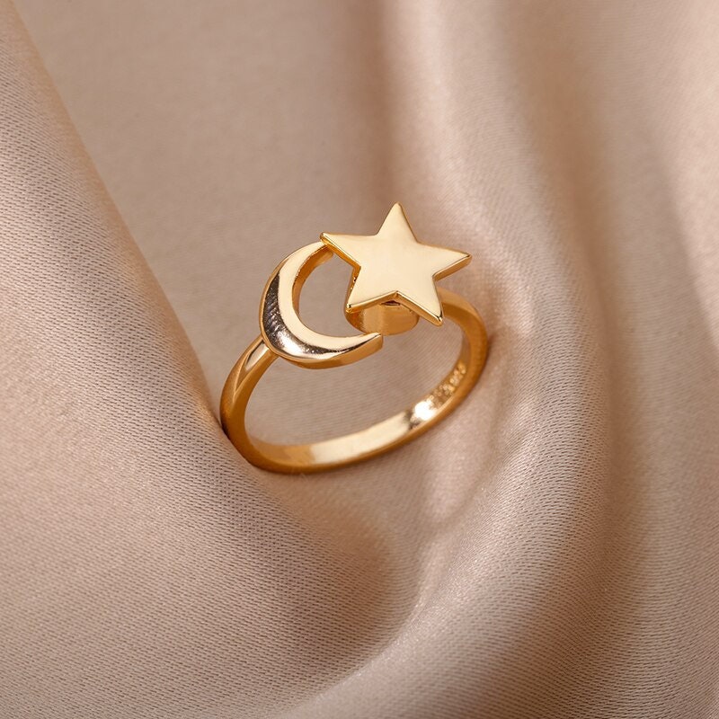 Boho Star Moon Celestial, 18K Gold Yogi Stackable Ring, Dainty Minimalist Jewelry, Delicate Handmade for Women, Gift for Her