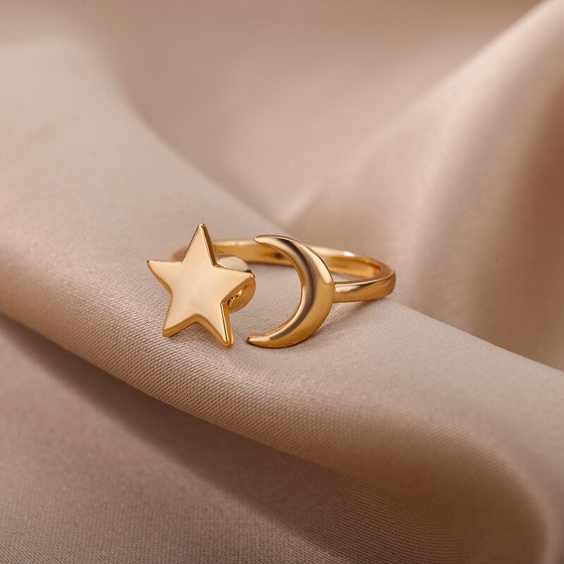 Boho Star Moon Celestial, 18K Gold Yogi Stackable Ring, Dainty Minimalist Jewelry, Delicate Handmade for Women, Gift for Her