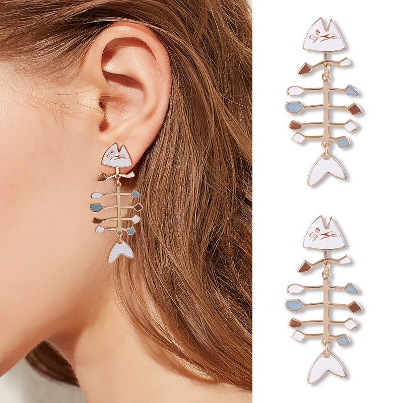 Punk Fish Bones Drop Dangle, 18K Gold Everyday Earrings, Gothic Dainty Minimalist Jewelry, Delicate Handmade for Women, Gift for Her