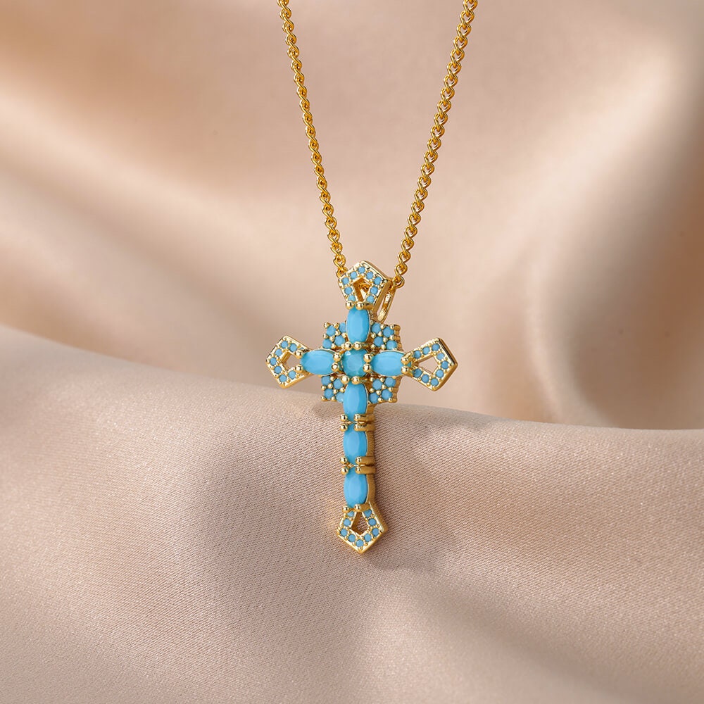 Gothic Cross Necklace, Crystal Cross Necklace, 18K Gold Cross Fashion Necklace for Women, Gift for Her