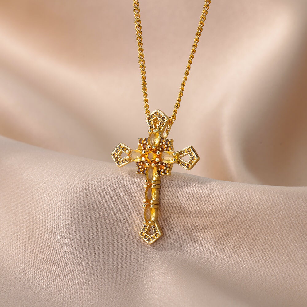 Gothic Cross Necklace, Crystal Cross Necklace, 18K Gold Cross Fashion Necklace for Women, Gift for Her