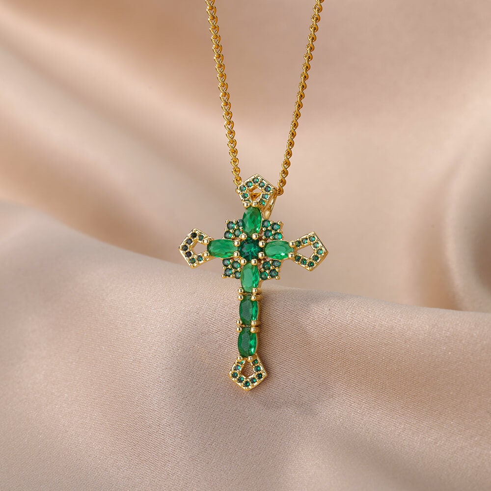 Gothic Cross Necklace, Crystal Cross Necklace, 18K Gold Cross Fashion Necklace for Women, Gift for Her