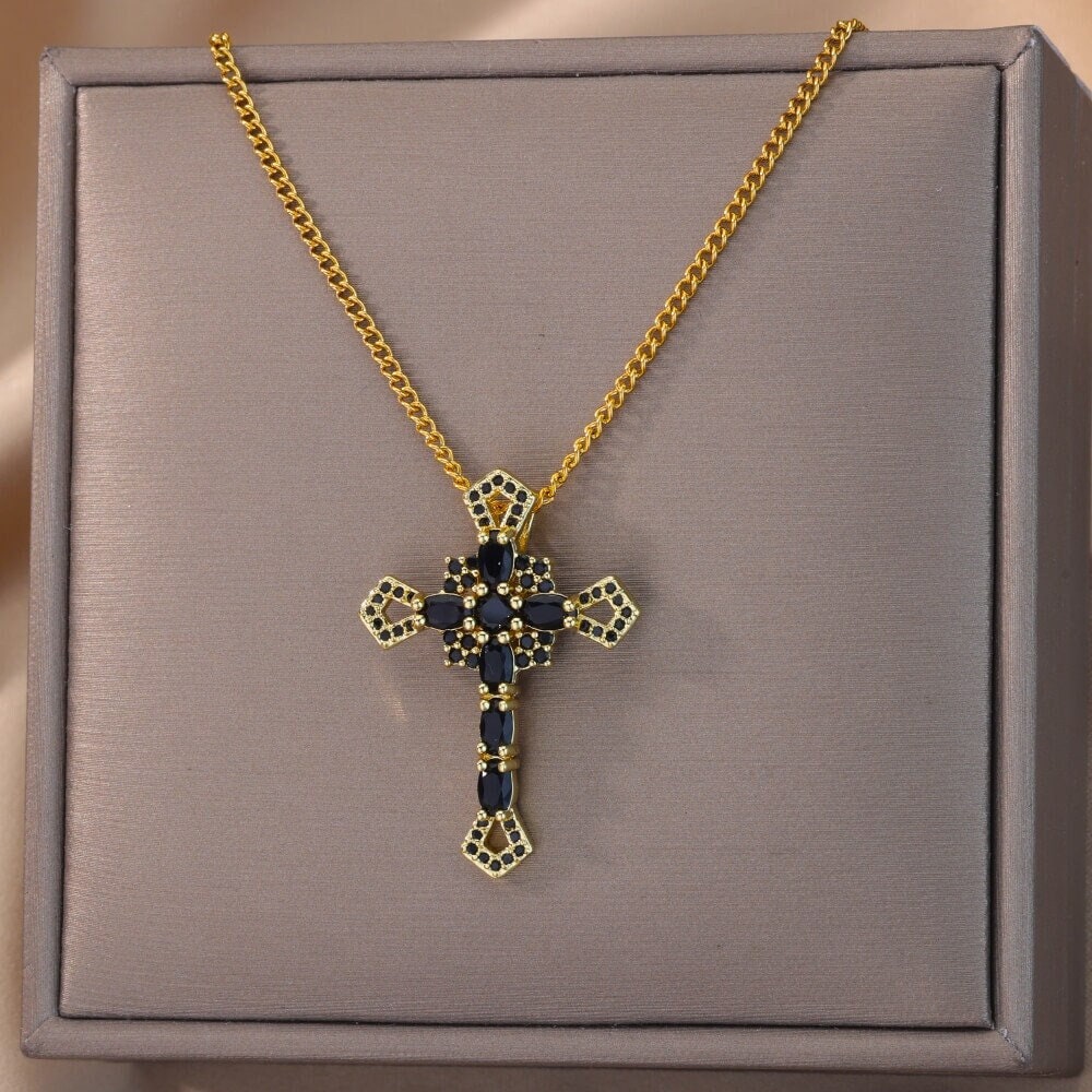 Gothic Cross Necklace, Crystal Cross Necklace, 18K Gold Cross Fashion Necklace for Women, Gift for Her