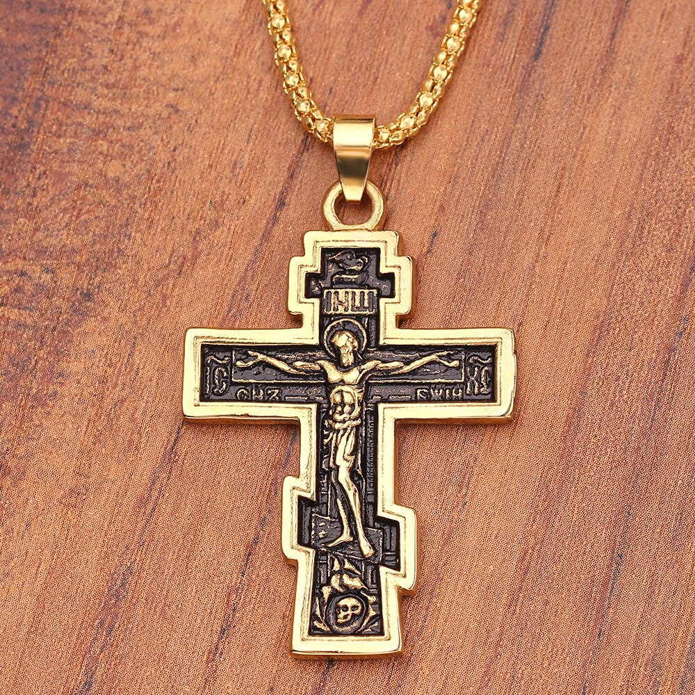 Catholic Jesus Cross Pendant, 18K Gold Layered Necklace, Gothic Dainty Minimalist Jewelry, Delicate Handmade for Women, Gift for Her