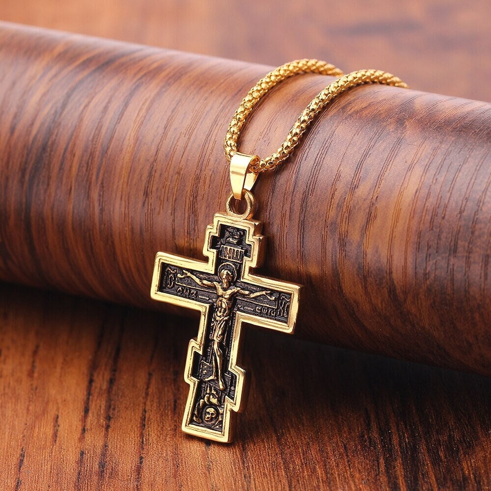 Catholic Jesus Cross Pendant, 18K Gold Layered Necklace, Gothic Dainty Minimalist Jewelry, Delicate Handmade for Women, Gift for Her