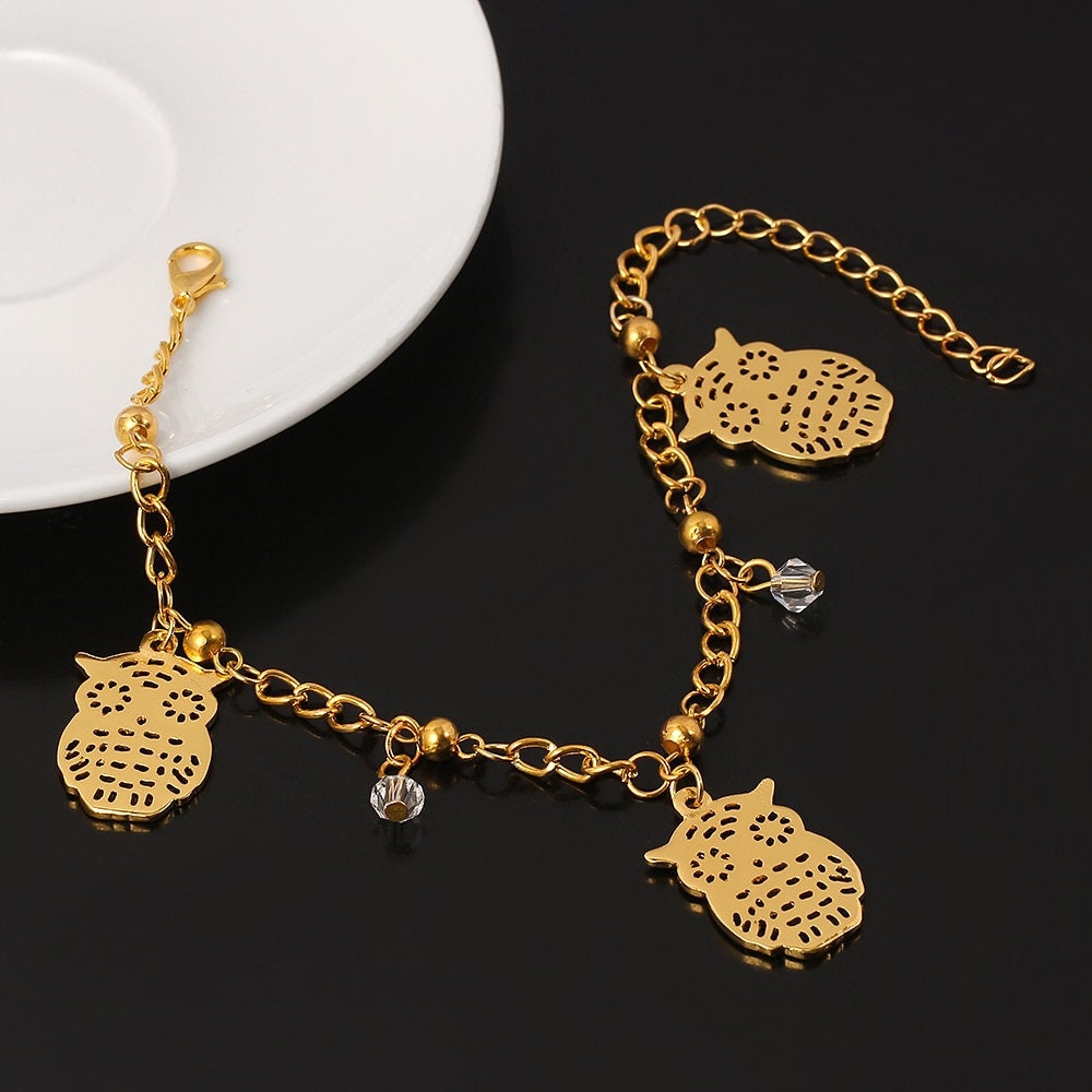 Punk Cute Wise Owl Charm, 18K Gold Layered Gothic Bracelet, Dainty Minimalist Jewelry, Delicate Handmade for Women, Gift for Her