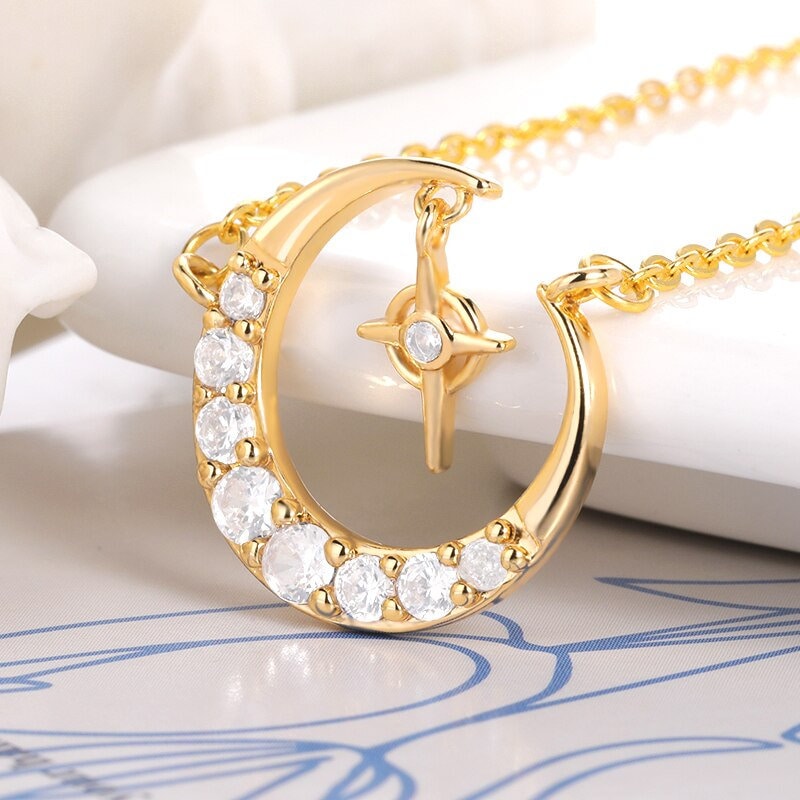 Punk Crystal Moon Stars Pendant, 18K Gold Layered Necklace, Gothic Dainty Minimalist Jewelry, Delicate Handmade for Women, Gift for Her
