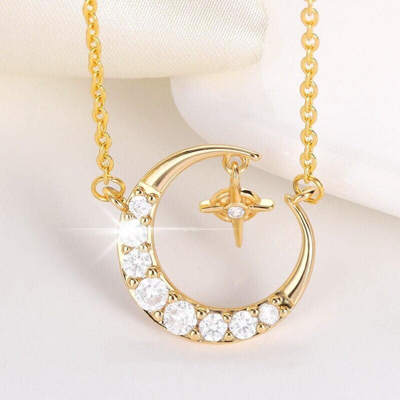 Punk Crystal Moon Stars Pendant, 18K Gold Layered Necklace, Gothic Dainty Minimalist Jewelry, Delicate Handmade for Women, Gift for Her