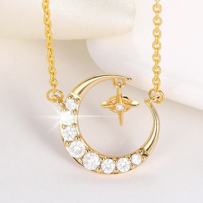 Punk Crystal Moon Stars Pendant, 18K Gold Layered Necklace, Gothic Dainty Minimalist Jewelry, Delicate Handmade for Women, Gift for Her