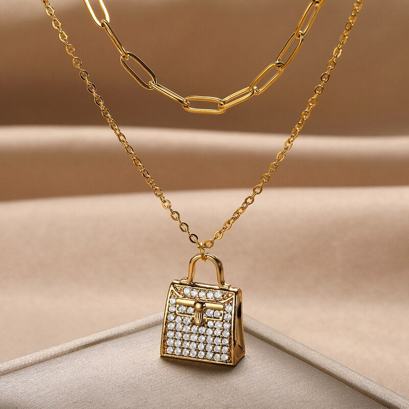 Punk Purse Handbag Pendant, 18K Gold Layered Necklace, Gothic Dainty Minimalist Jewelry, Delicate Handmade for Women, Gift for Her
