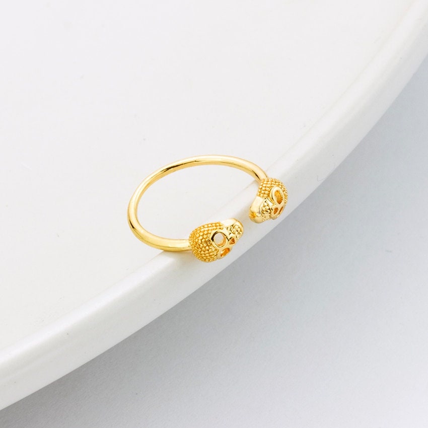 Punk Double Skull Open Adjustable , 18K Gold Gothic Ring, Dainty Minimalist Accessories, Delicate Handmade Jewelry for Women, Gift for Her