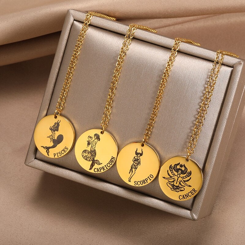 Punk Horoscope Zodiac Pendant, 18K Gold Layered Necklace, Gothic Dainty Minimalist Jewelry, Delicate Handmade for Women, Gift for Her