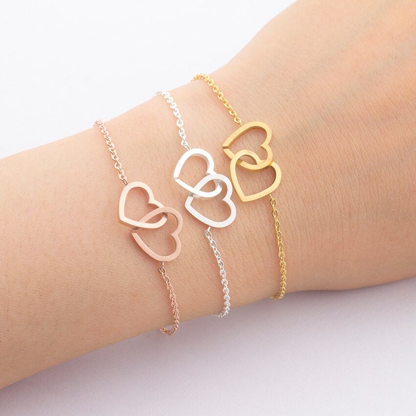 Boho Cute Double Cross Hearts, 18K Gold Layered Yogi Bracelet, Dainty Minimalist Jewelry, Delicate Handmade for Women, Gift for Her
