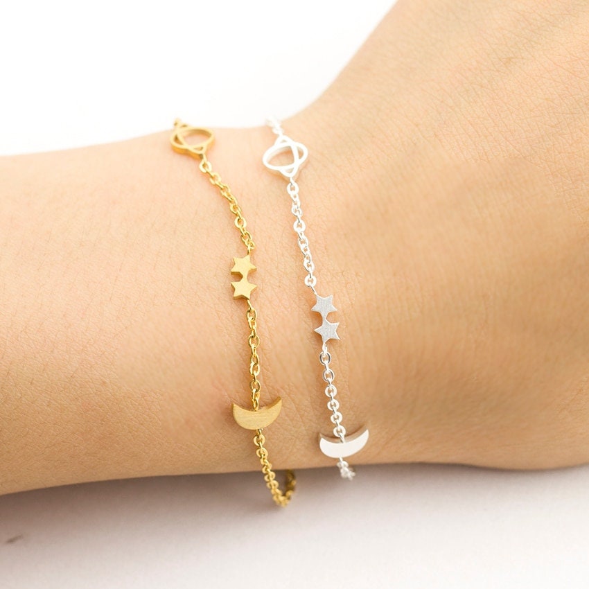 Punk Moon and Stars, 18K Gold Layered Gothic Bracelet, Dainty Minimalist Jewelry, Delicate Handmade for Women, Gift for Her