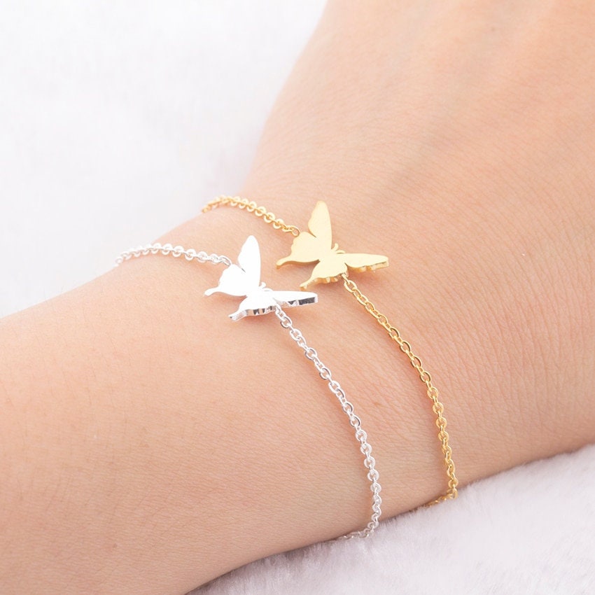Boho Cute Butterfly Charm, 18K Gold Layered Yogi Bracelet, Dainty Minimalist Jewelry, Delicate Handmade for Women, Gift for Her