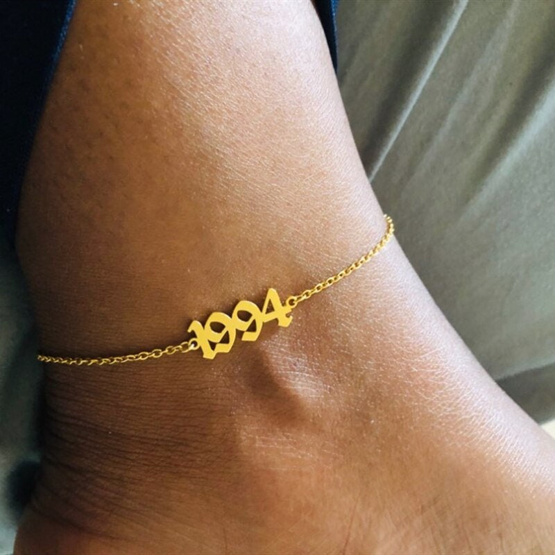 Custom Birth Year Date , 18K Gold Layered Personalized Anklet, Dainty Minimalist Jewelry, Delicate Handmade for Women, Gift for Her