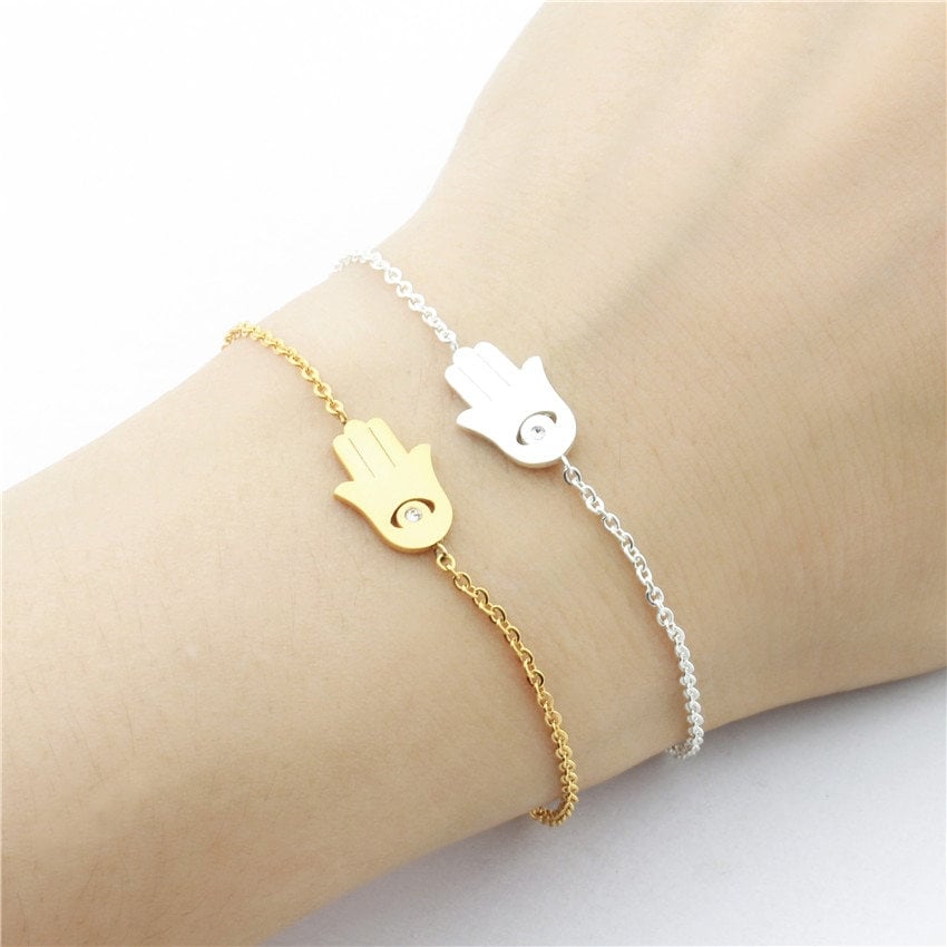 Punk Hamsa Hand Evil Eye, 18K Gold Layered Gothic Bracelet, Dainty Minimalist Jewelry, Delicate Handmade for Women, Gift for Her