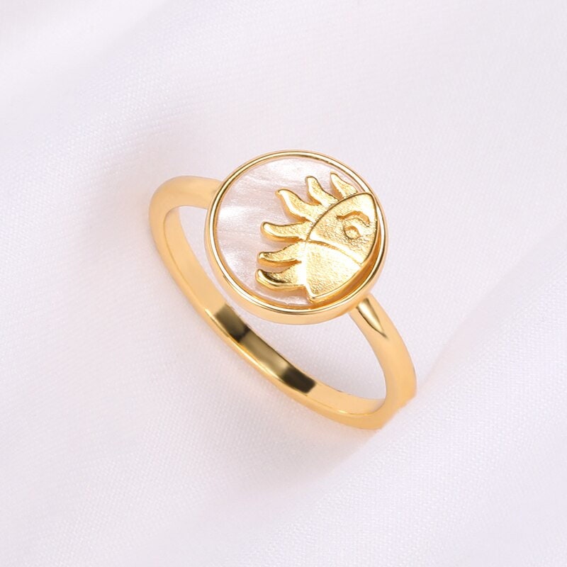 Punk Moonstone Sun Mood Tracker, 18K Gold Gothic Stackable Ring, Dainty Minimalist Jewelry, Delicate Handmade for Women, Gift for Her