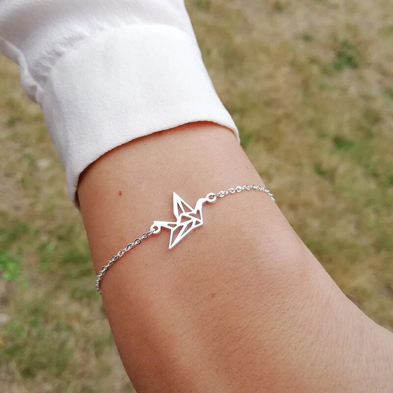 Boho Origami Crane Charm, 18K Gold Layered Yogi Bracelet, Dainty Minimalist Jewelry, Delicate Handmade for Women, Gift for Her