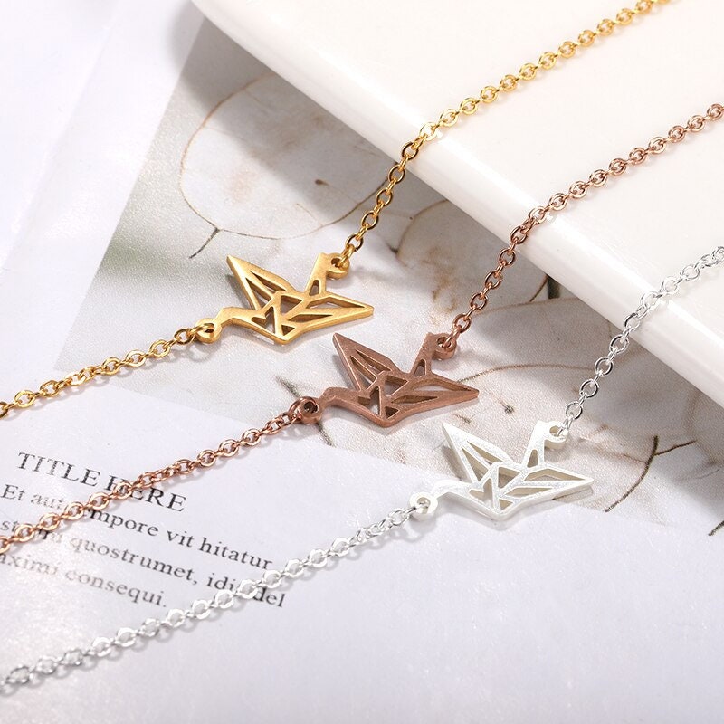 Boho Origami Crane Charm, 18K Gold Layered Yogi Bracelet, Dainty Minimalist Jewelry, Delicate Handmade for Women, Gift for Her