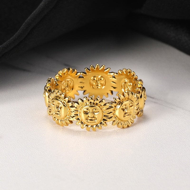 Tarot Punk Sun Face , 18K Gold Gothic Stackable Ring, Dainty Minimalist Jewelry, Delicate Handmade for Women, Gift for Her