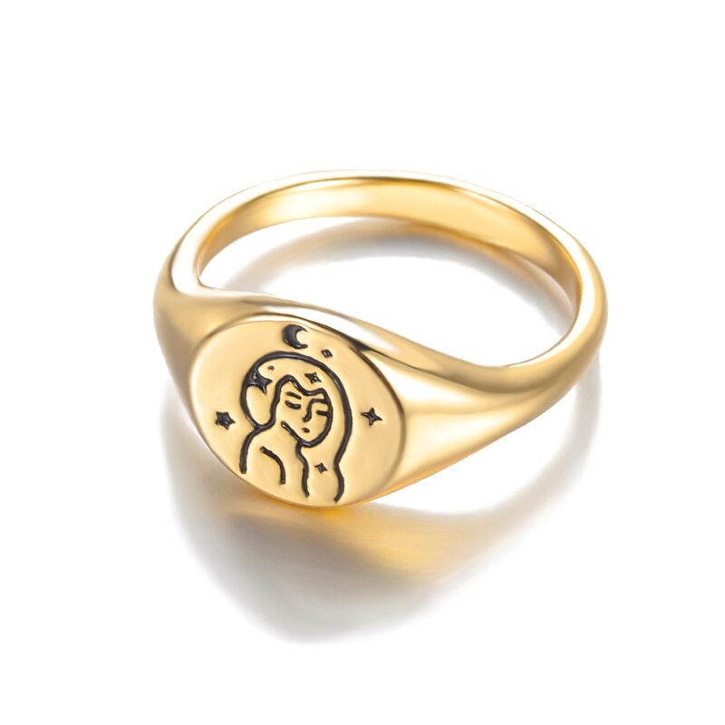Punk Goddess Signet, 18K Gold Cute Gothic Stackable Ring, Dainty Minimalist Jewelry, Delicate Handmade for Women, Gift for Her