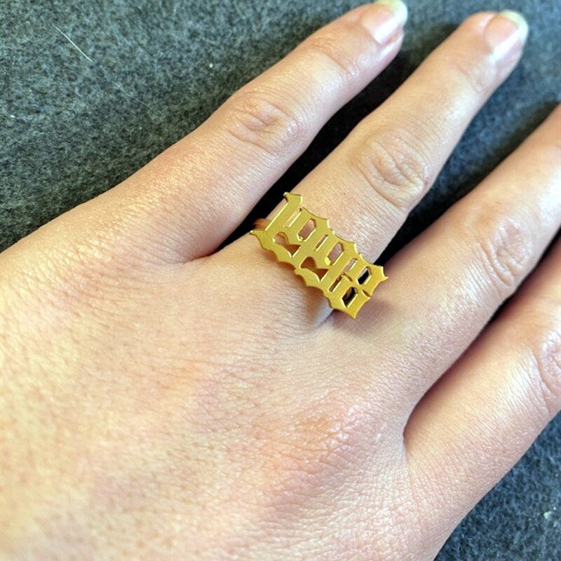 Custom Year Birthdate, 18K Gold Personalized Stackable Ring, Dainty Minimalist Jewelry, Delicate Handmade for Women, Gift for Her