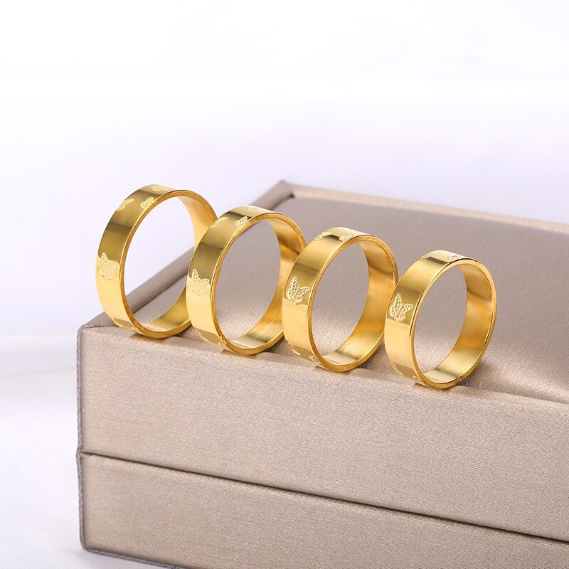 Punk Engraved Butterfly, 18K Gold Gothic Stackable Ring, Dainty Minimalist Jewelry, Delicate Handmade for Women, Gift for Her