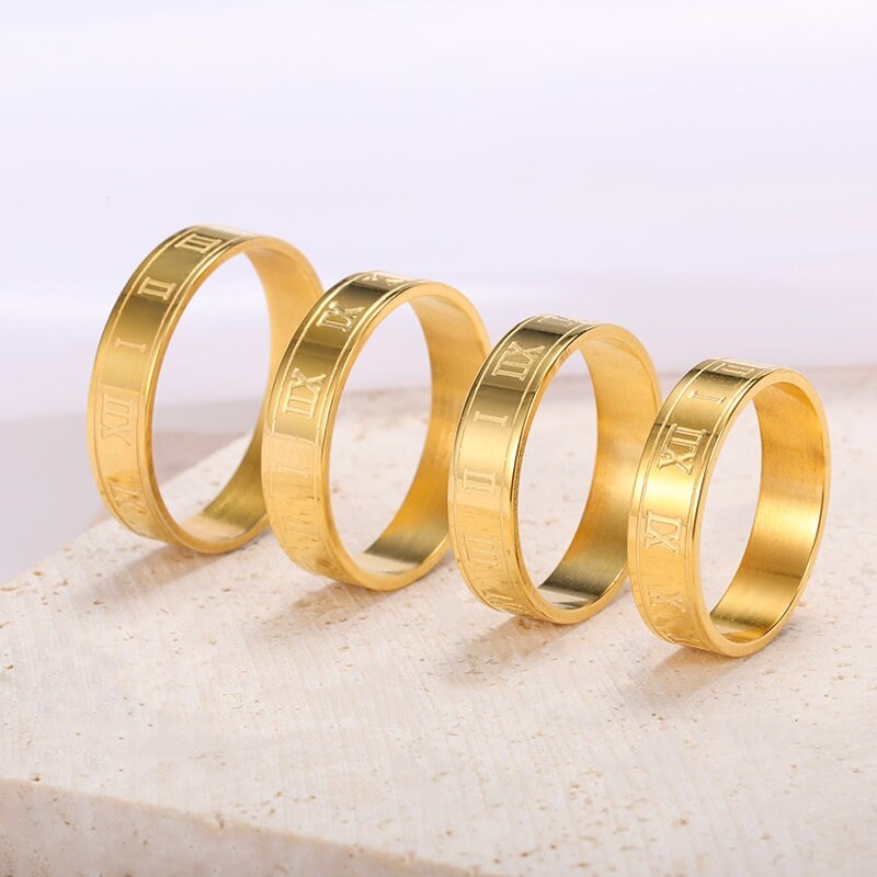 Punk Roman Numerals Engraved, 18K Gold Gothic Stackable Ring, Dainty Minimalist Jewelry, Delicate Handmade for Women, Gift for Her