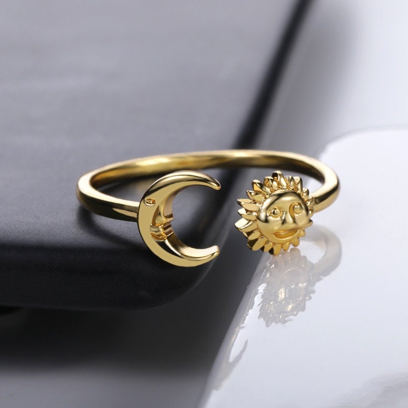 Punk Moon Sun Tarot, 18K Gold Gothic Stackable Ring, Dainty Minimalist Jewelry, Delicate Handmade for Women, Gift for Her