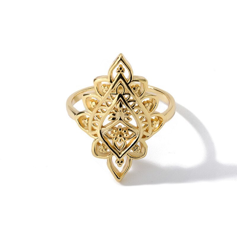 18K Gold Henna Ring, Gold Mandela Ring, Spiritual Fashion Ring for Women, Gift for Her