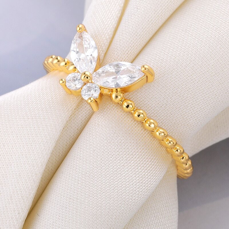 Boho Crystal Zircon Butterfly, 18K Gold Yogi Stackable Ring, Dainty Minimalist Jewelry, Delicate Handmade for Women, Gift for Her