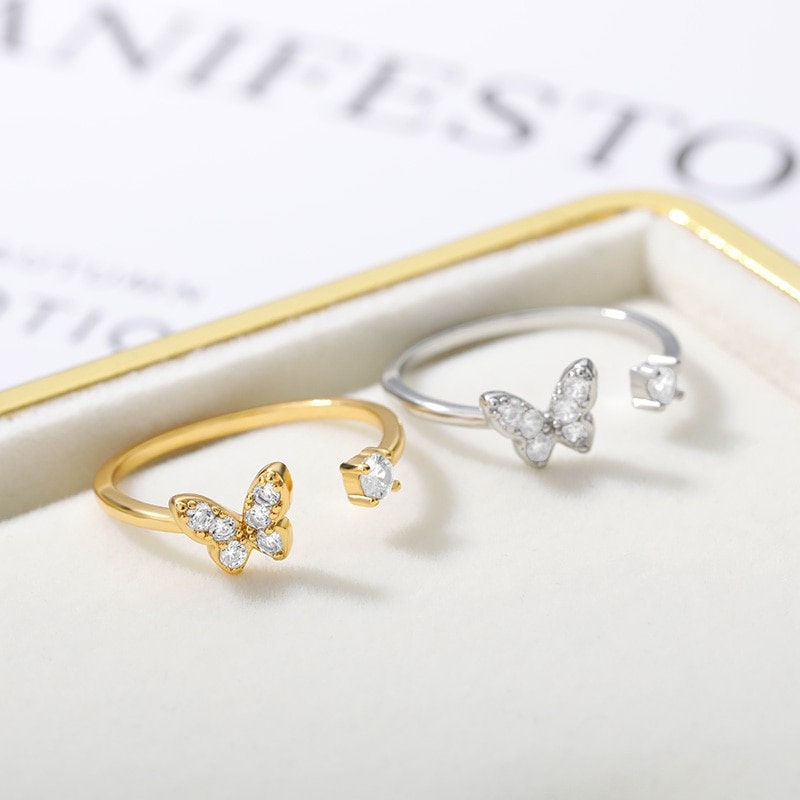 Boho Open Crystal Butterfly, 18K Gold Yogi Stackable Ring, Dainty Minimalist Jewelry, Delicate Handmade for Women, Gift for Her