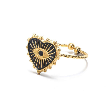 Punk Evil Eye Heart Amulet, 18K Gold Gothic Stackable Ring, Dainty Minimalist Jewelry, Delicate Handmade for Women, Gift for Her