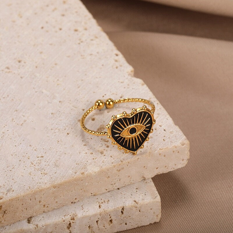 Punk Evil Eye Heart Amulet, 18K Gold Gothic Stackable Ring, Dainty Minimalist Jewelry, Delicate Handmade for Women, Gift for Her