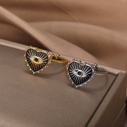 Punk Evil Eye Heart Amulet, 18K Gold Gothic Stackable Ring, Dainty Minimalist Jewelry, Delicate Handmade for Women, Gift for Her