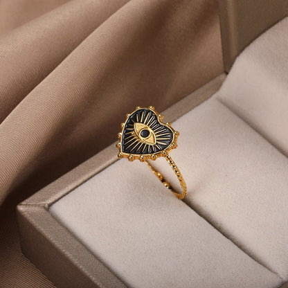 Punk Evil Eye Heart Amulet, 18K Gold Gothic Stackable Ring, Dainty Minimalist Jewelry, Delicate Handmade for Women, Gift for Her