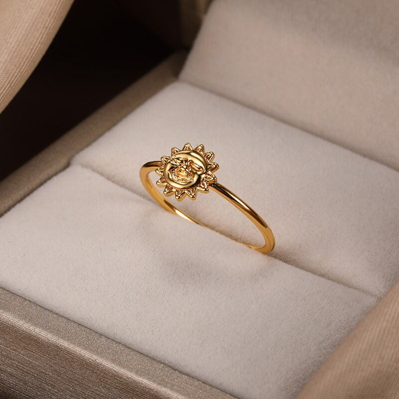 Punk Tarot Sun Face, 18K Gold Gothic Stackable Ring, Dainty Minimalist Jewelry, Delicate Handmade for Women, Gift for Her