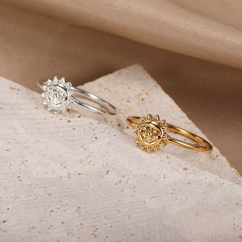 Punk Tarot Sun Face, 18K Gold Gothic Stackable Ring, Dainty Minimalist Jewelry, Delicate Handmade for Women, Gift for Her