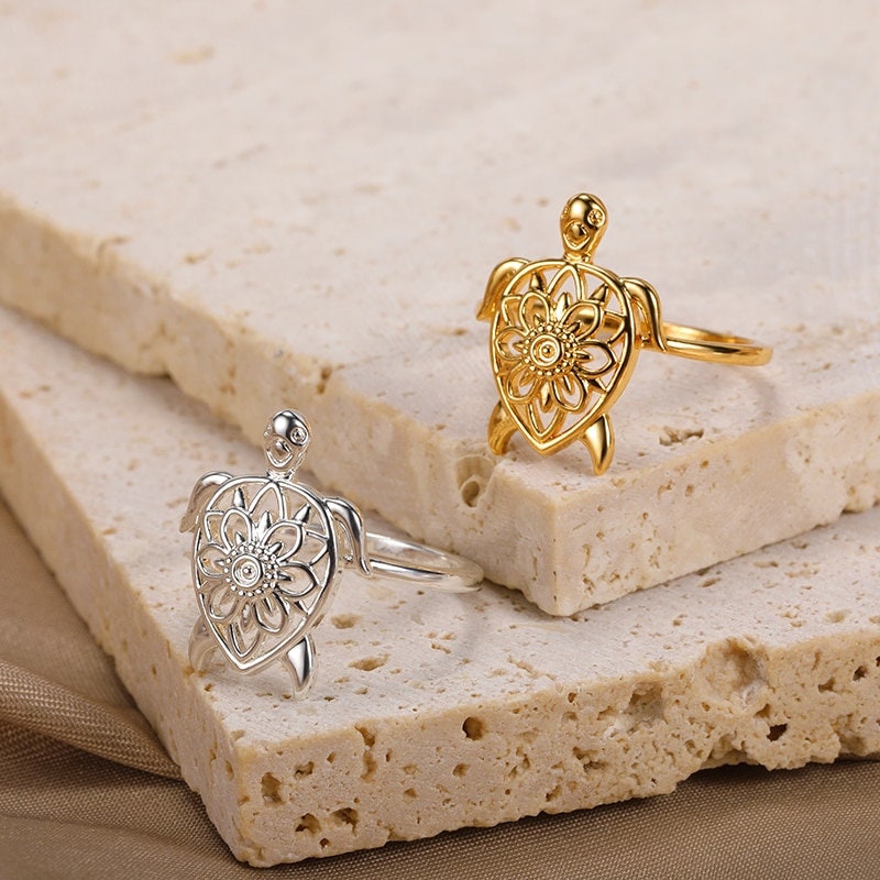 Boho Henna Turtle, 18K Gold Yogi Stackable Ring, Dainty Minimalist Jewelry, Delicate Handmade for Women, Gift for Her