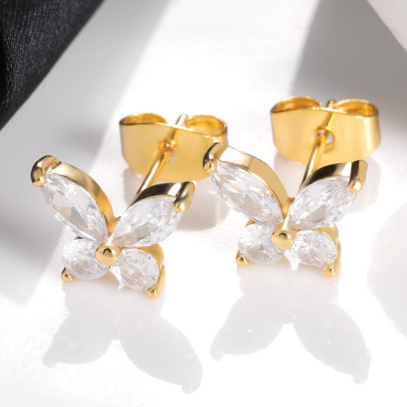 Boho Crystal Butterfly, 18K Gold Everyday Earrings, Dainty Minimalist Jewelry, Delicate Handmade  for Women, Gift for Her