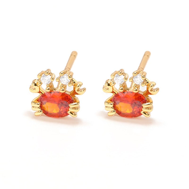 Boho Red Crab Studs, 18K Gold Everyday Earrings, Dainty Minimalist Jewelry, Delicate Handmade  for Women, Gift for Her