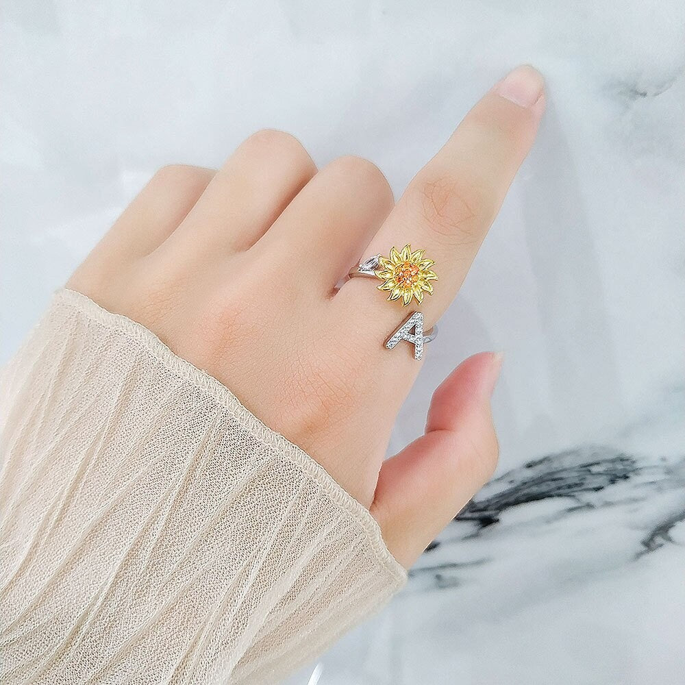 Punk Sunflower Spinner ,18K Gold Initial Ring, Dainty Minimalist Accessories, Delicate Handmade Jewelry for Women, Gift for Her