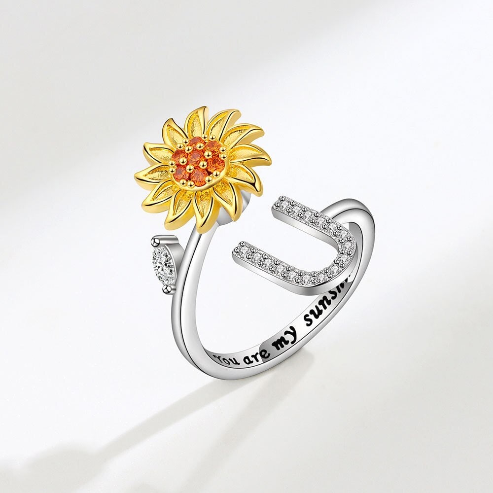 Punk Sunflower Spinner ,18K Gold Initial Ring, Dainty Minimalist Accessories, Delicate Handmade Jewelry for Women, Gift for Her