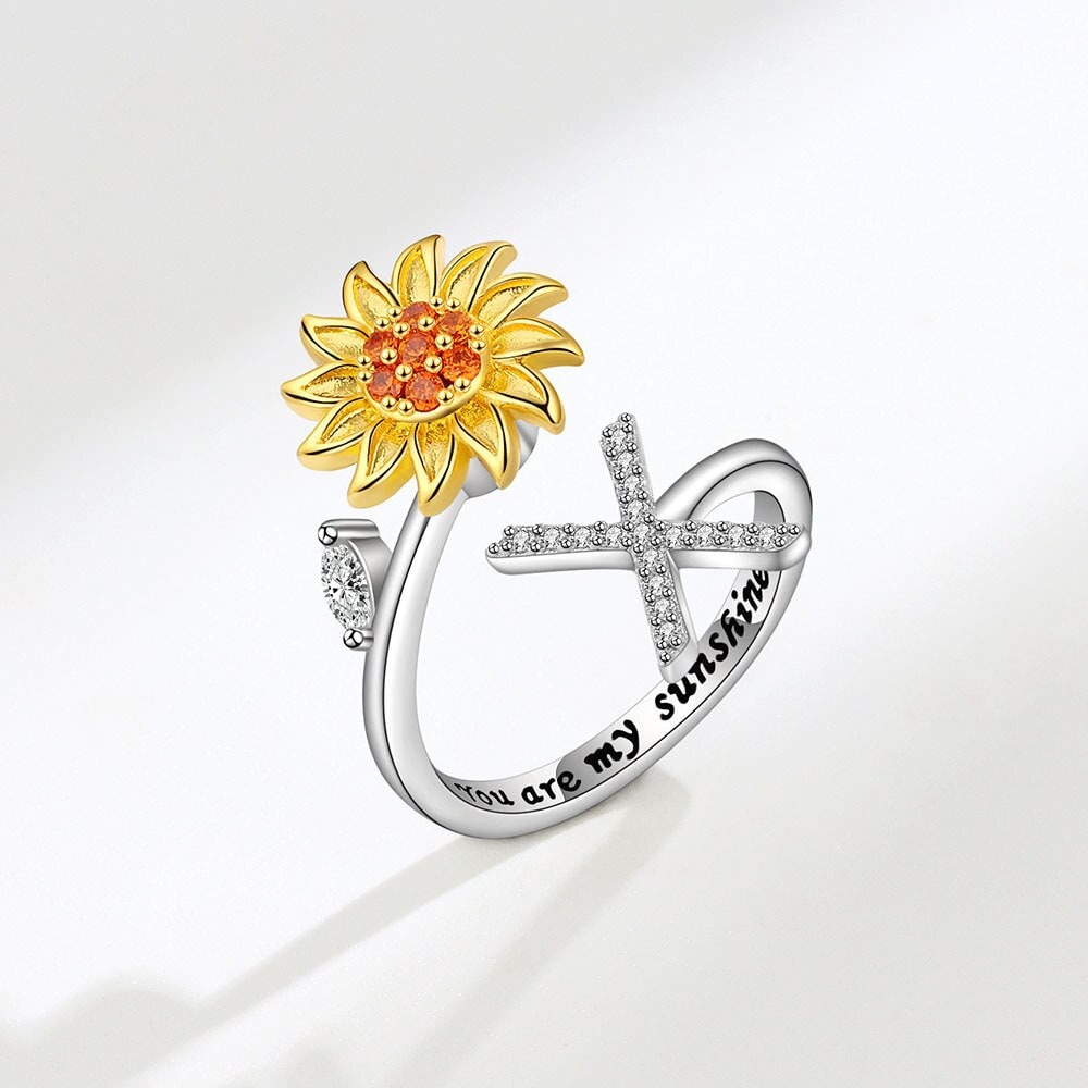 Punk Sunflower Spinner ,18K Gold Initial Ring, Dainty Minimalist Accessories, Delicate Handmade Jewelry for Women, Gift for Her