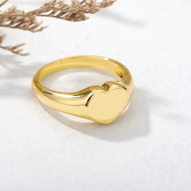 Punk Heart Signet, 18K Gold Ring, Dainty Minimalist Accessories, Delicate Handmade Jewelry for Women, Gift for Her