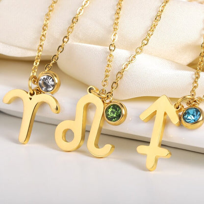 18K Gold Zodiac Necklace, Zodiac Pendant, Birthstone Necklace, Gold Birthstone for Women, Gift for Her