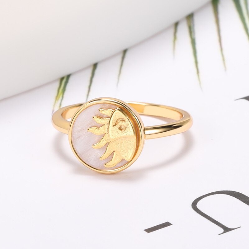 Punk Moonstone Sun Mood Tracker, 18K Gold Gothic Stackable Ring, Dainty Minimalist Jewelry, Delicate Handmade for Women, Gift for Her