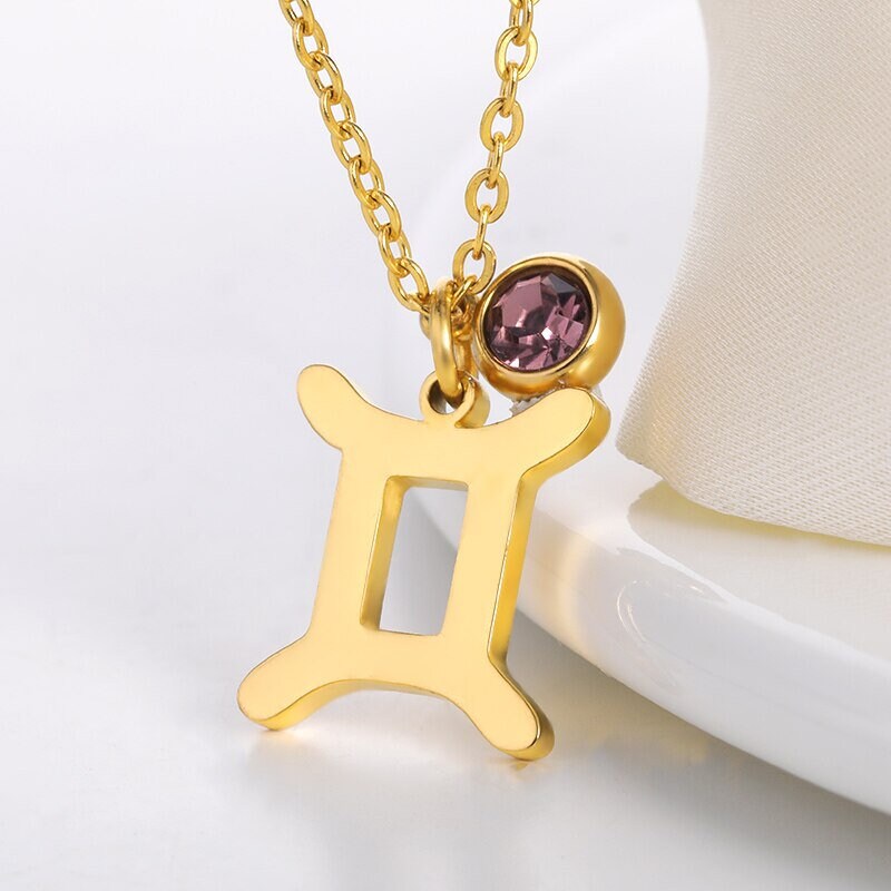 18K Gold Zodiac Necklace, Zodiac Pendant, Birthstone Necklace, Gold Birthstone for Women, Gift for Her