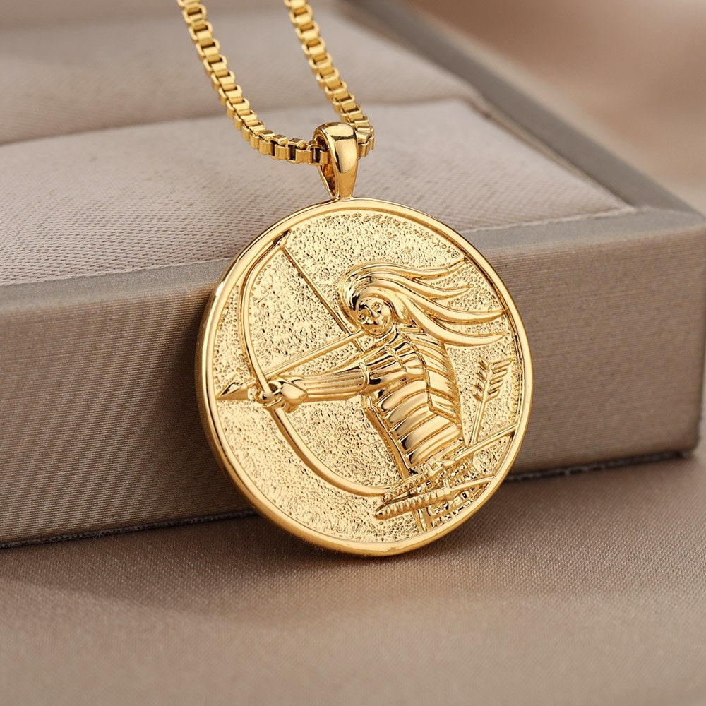 Mythology Mulan Goddess 18K Gold Plated Pendant For Women, Gold Dainty Necklace, Choker Chain, Layering Necklace, Goddess Coin